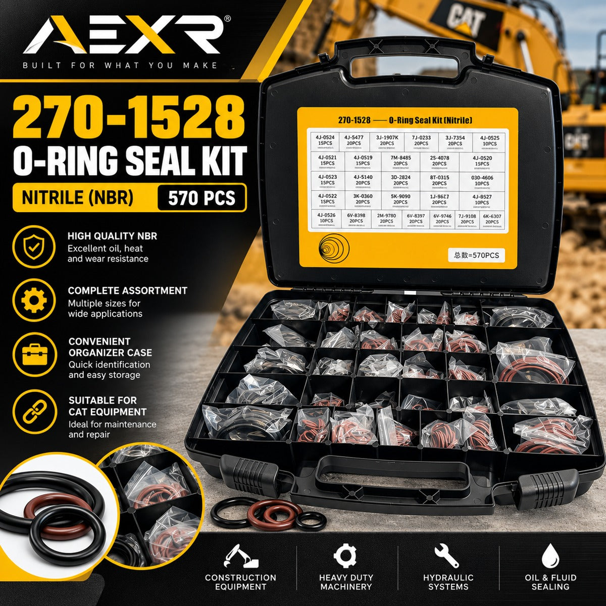 AEXR 270-1528 nitrile O-ring seal kit, 570 pieces in an organiser case