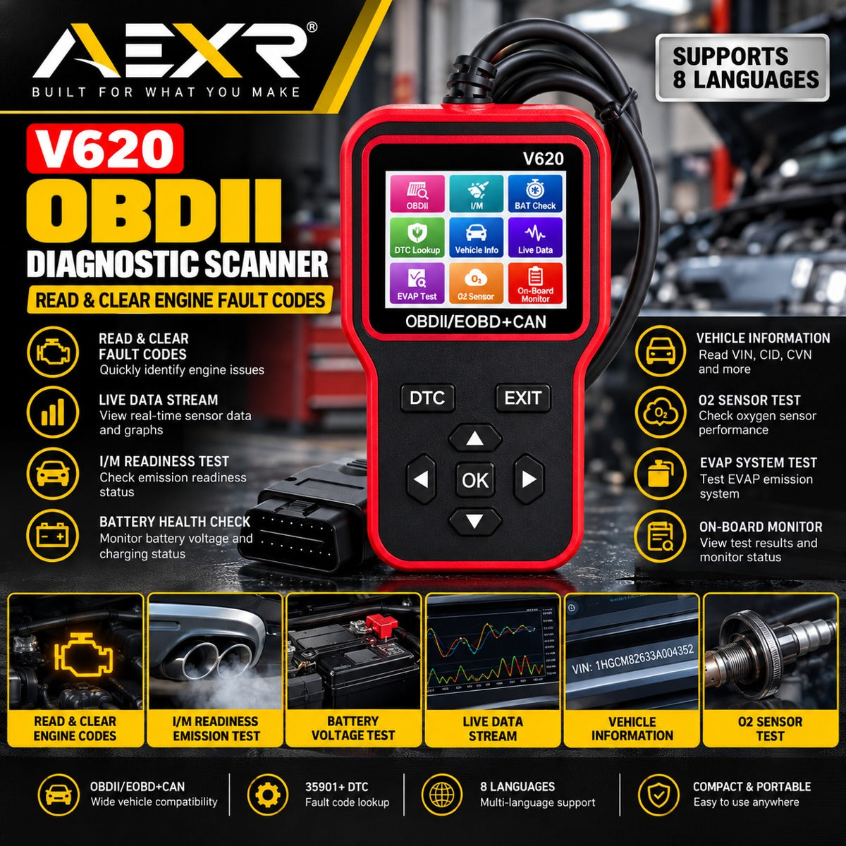 AEXR V620 OBDII diagnostic scanner reading engine fault codes