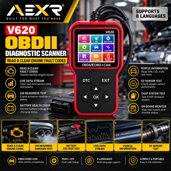 AEXR V620 OBDII diagnostic scanner reading engine fault codes