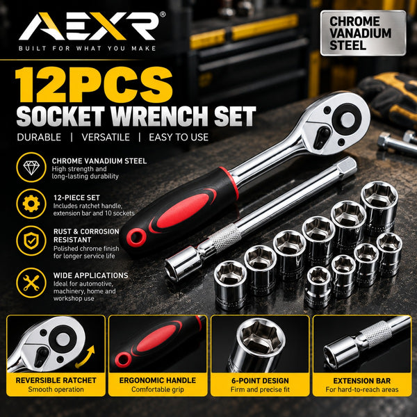 AEXR 12pc chrome vanadium socket wrench set with ratchet handle, extension bar and 10 sockets